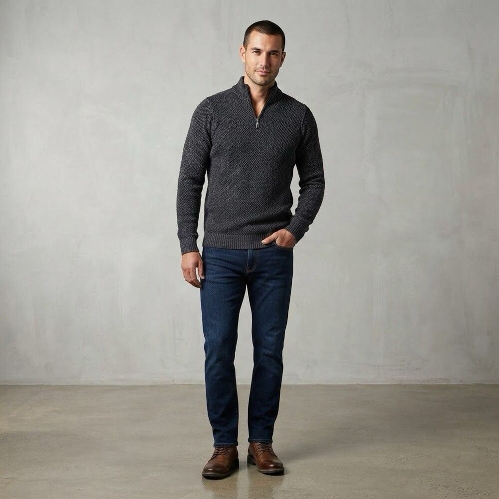 Colerige Mens 1/4 Zip Sweater Medium Charcoal Gray Merino Wool Blend Italy